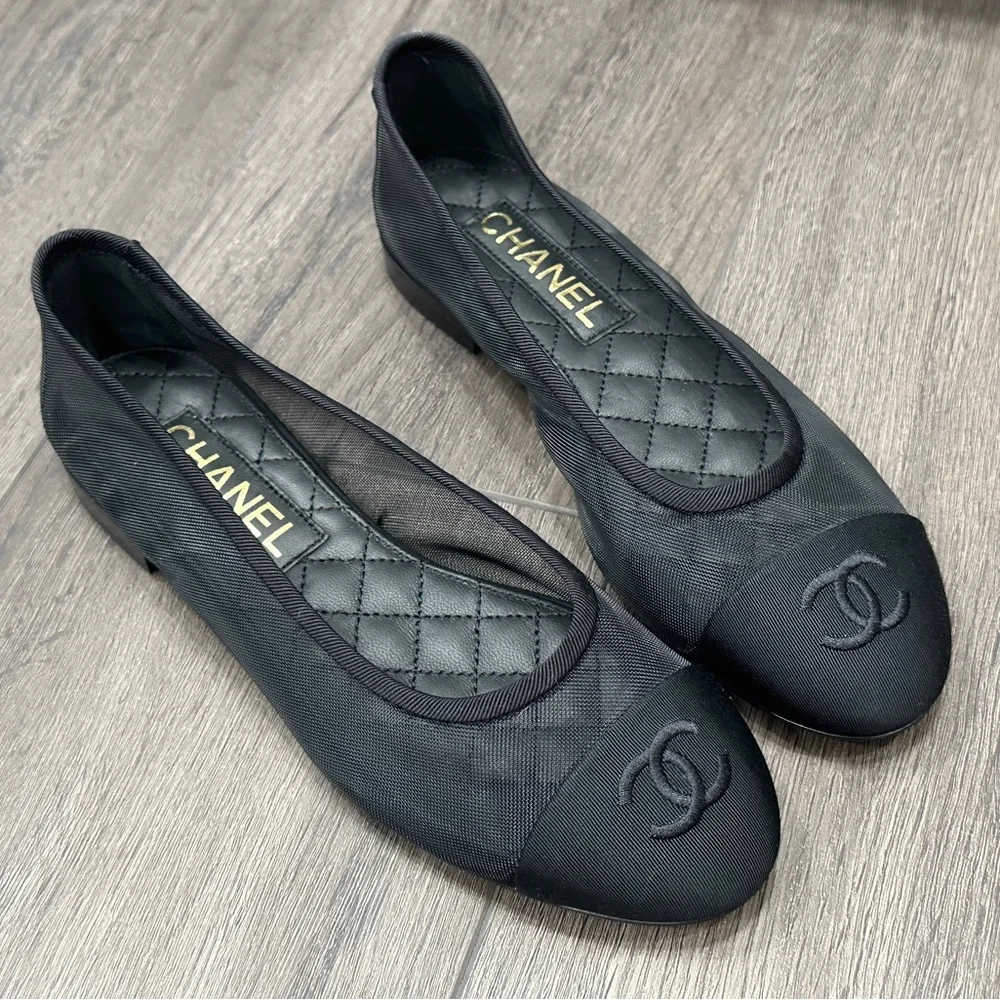 2025 CHANEL BLACK MESH BALLET FLATS BALLERINA SHOES 37 NEW - Picture 2 of 16